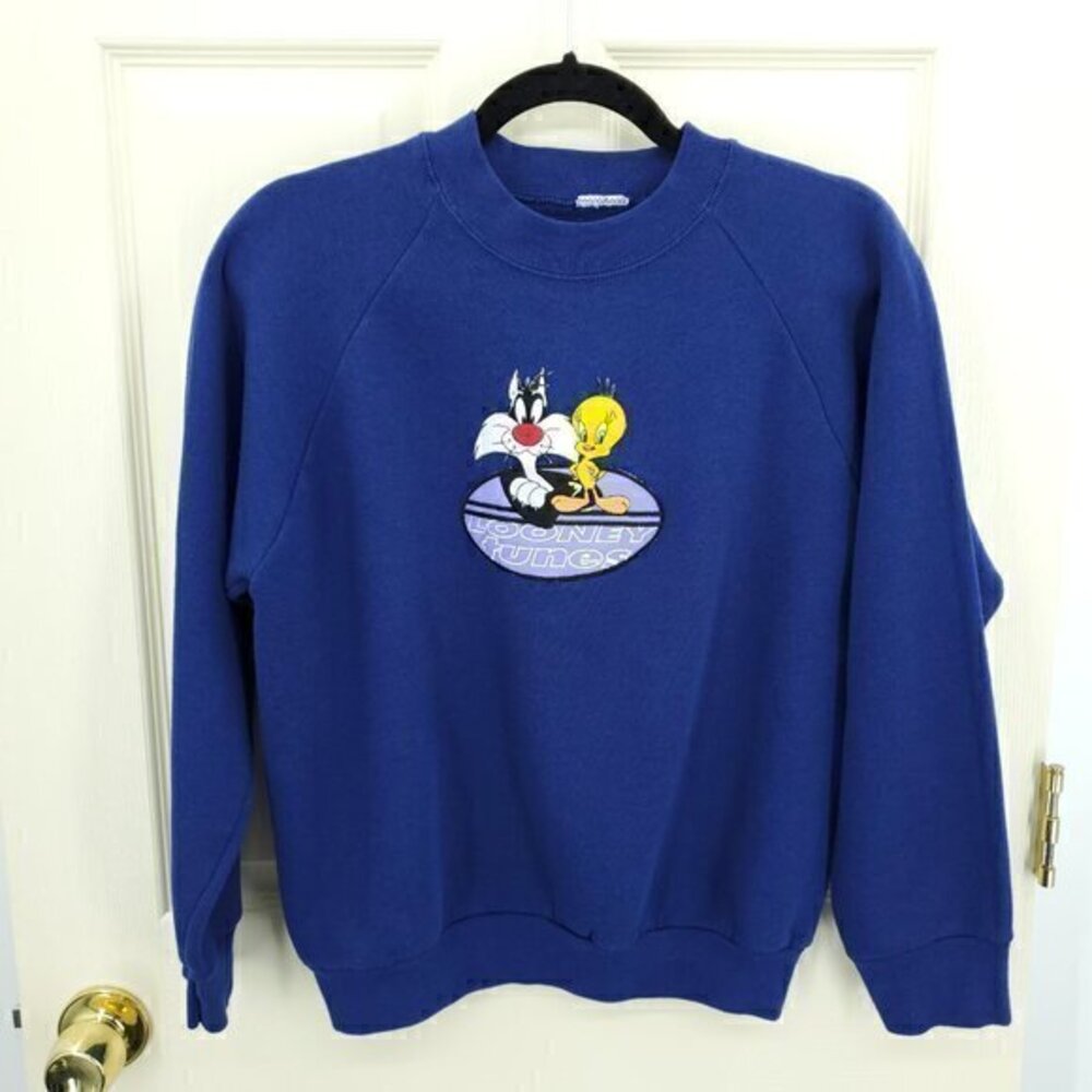 VTG 90s Embroidered Looney Tunes Crew Neck Sweatshirt NS Navy Blue